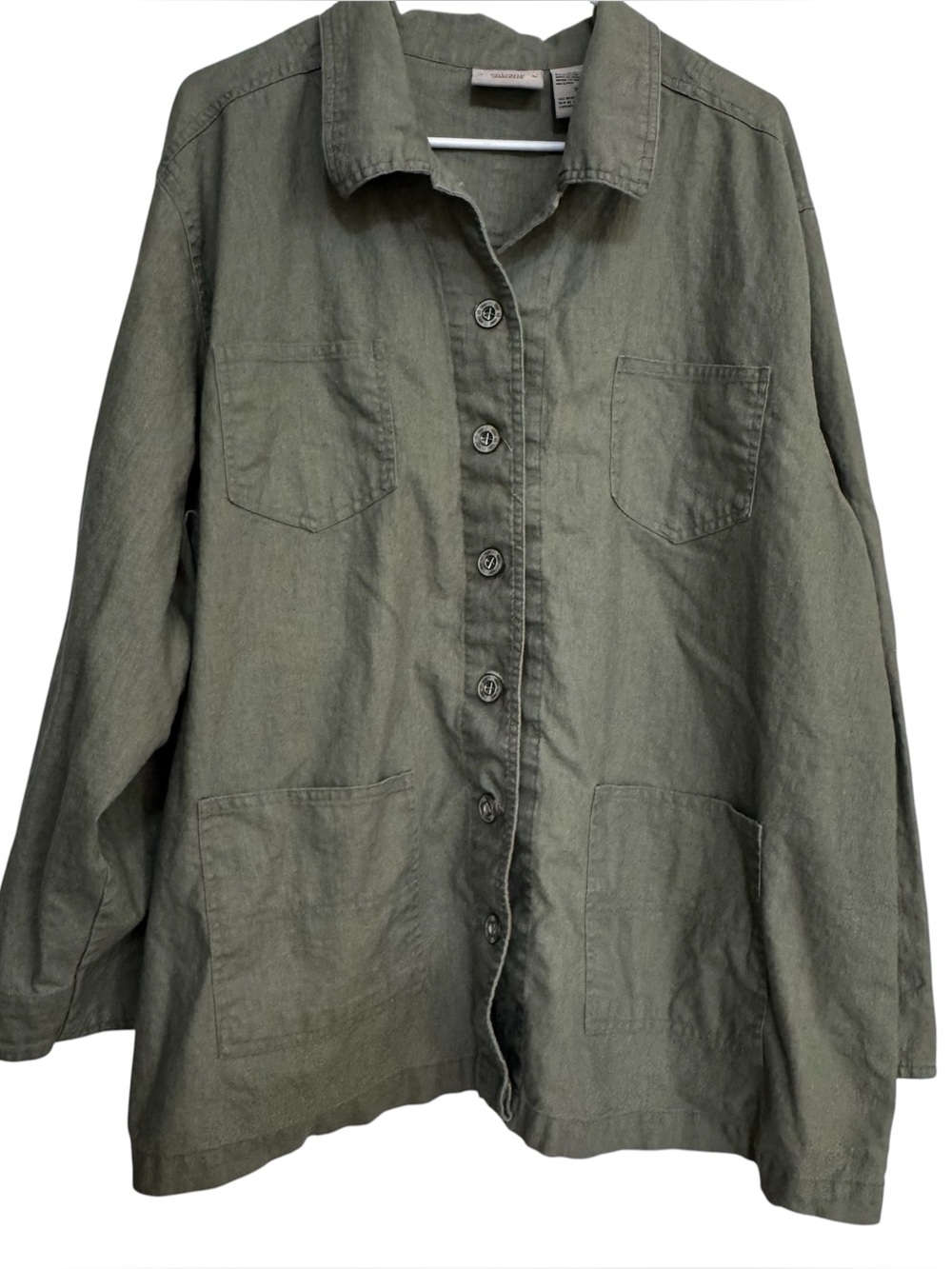 Bill Blass Jeaswear Women’s Linen Cotton Button Down Shirt Size 2x Green Safari